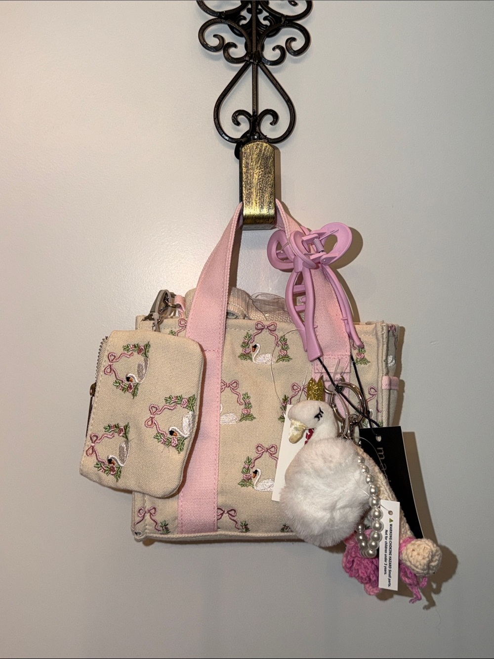 NWT-Madden Girl Cream Mini Bag with Pink Handles and Swan Embroidery